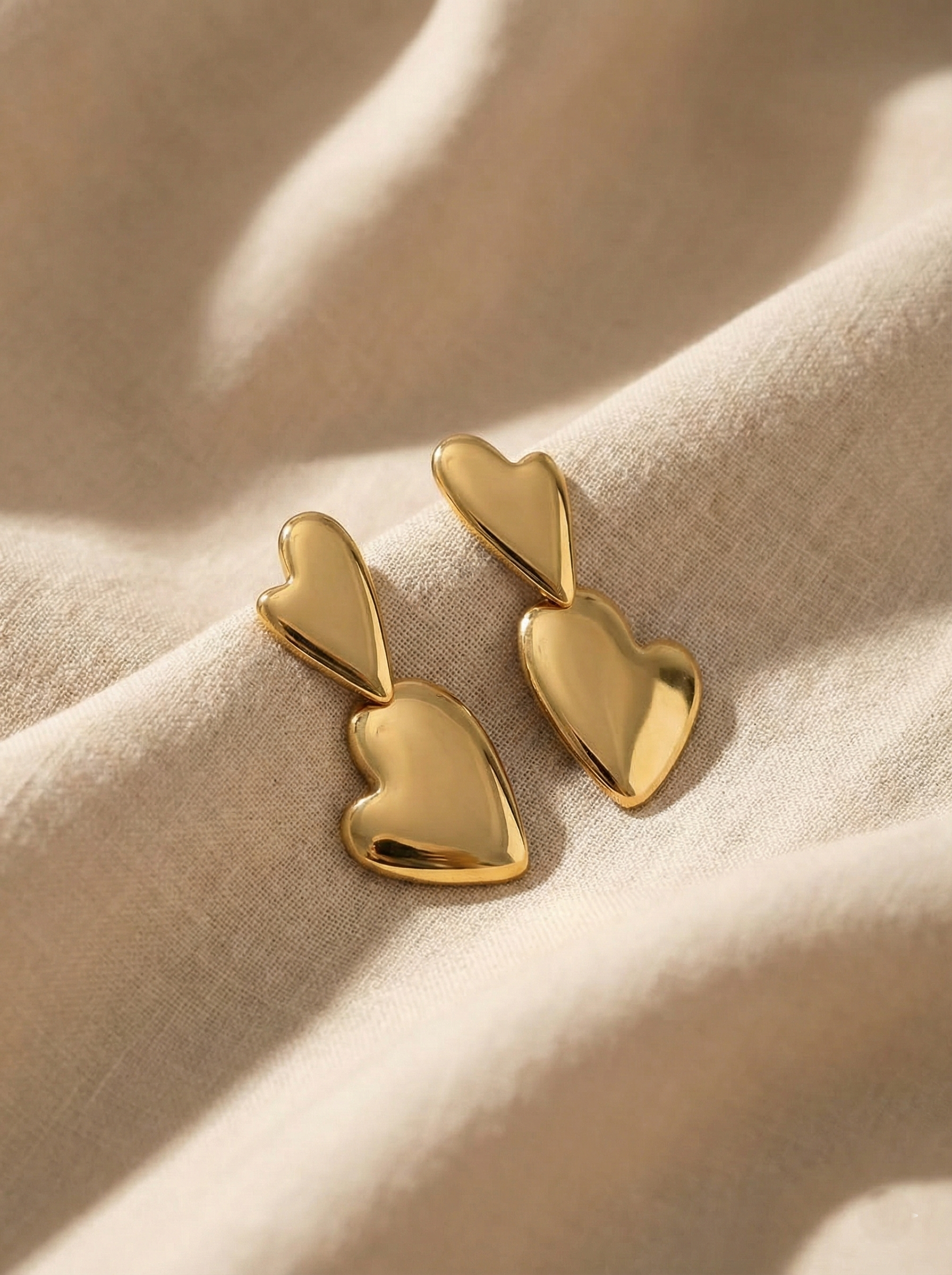 Golden Double Heart Drop Earrings