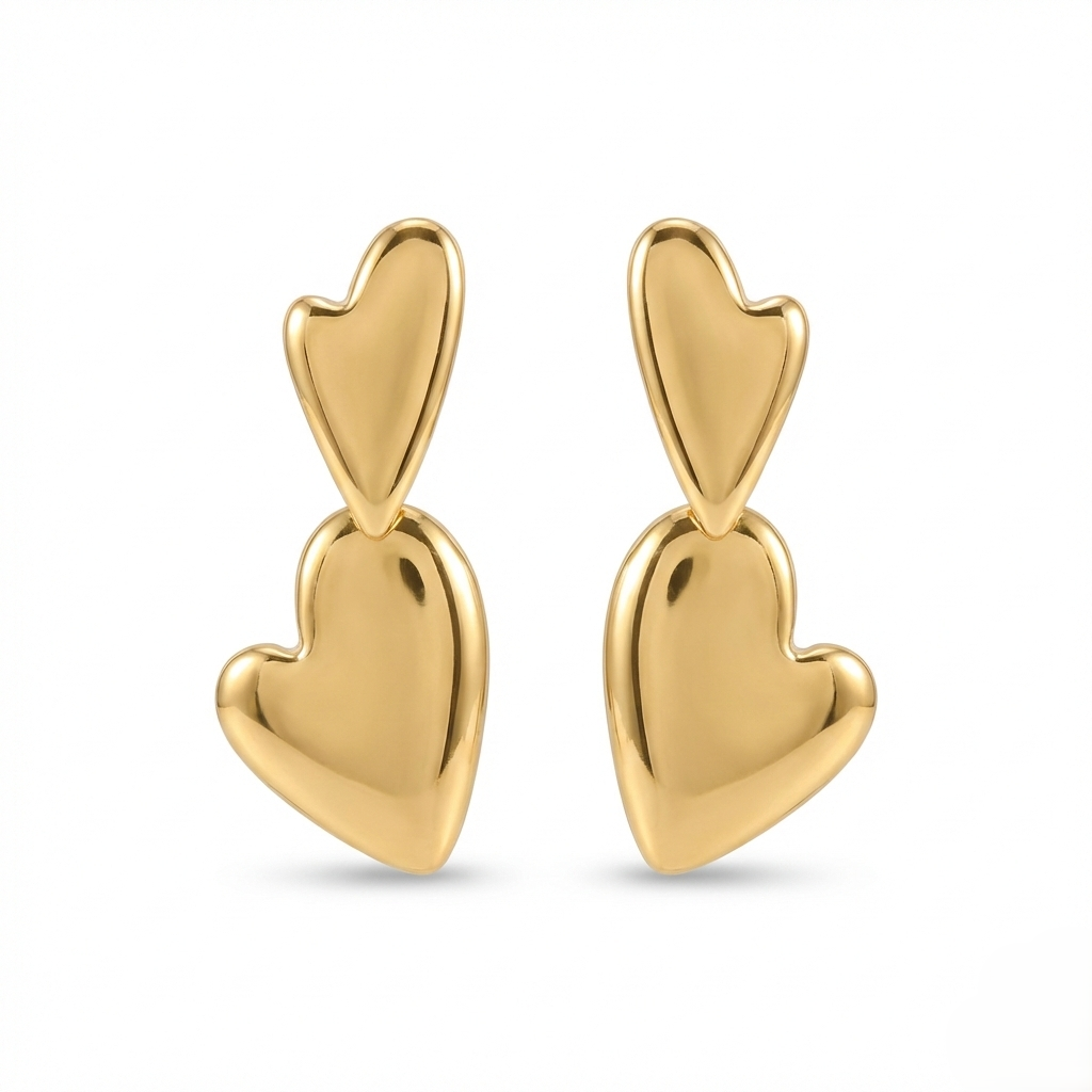 Golden Double Heart Drop Earrings