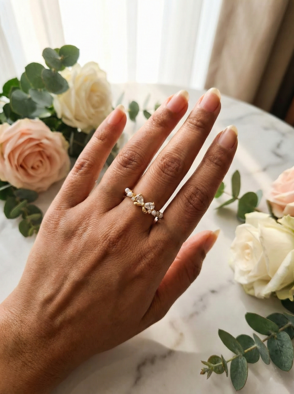 Pearl Bow Marquise Ring