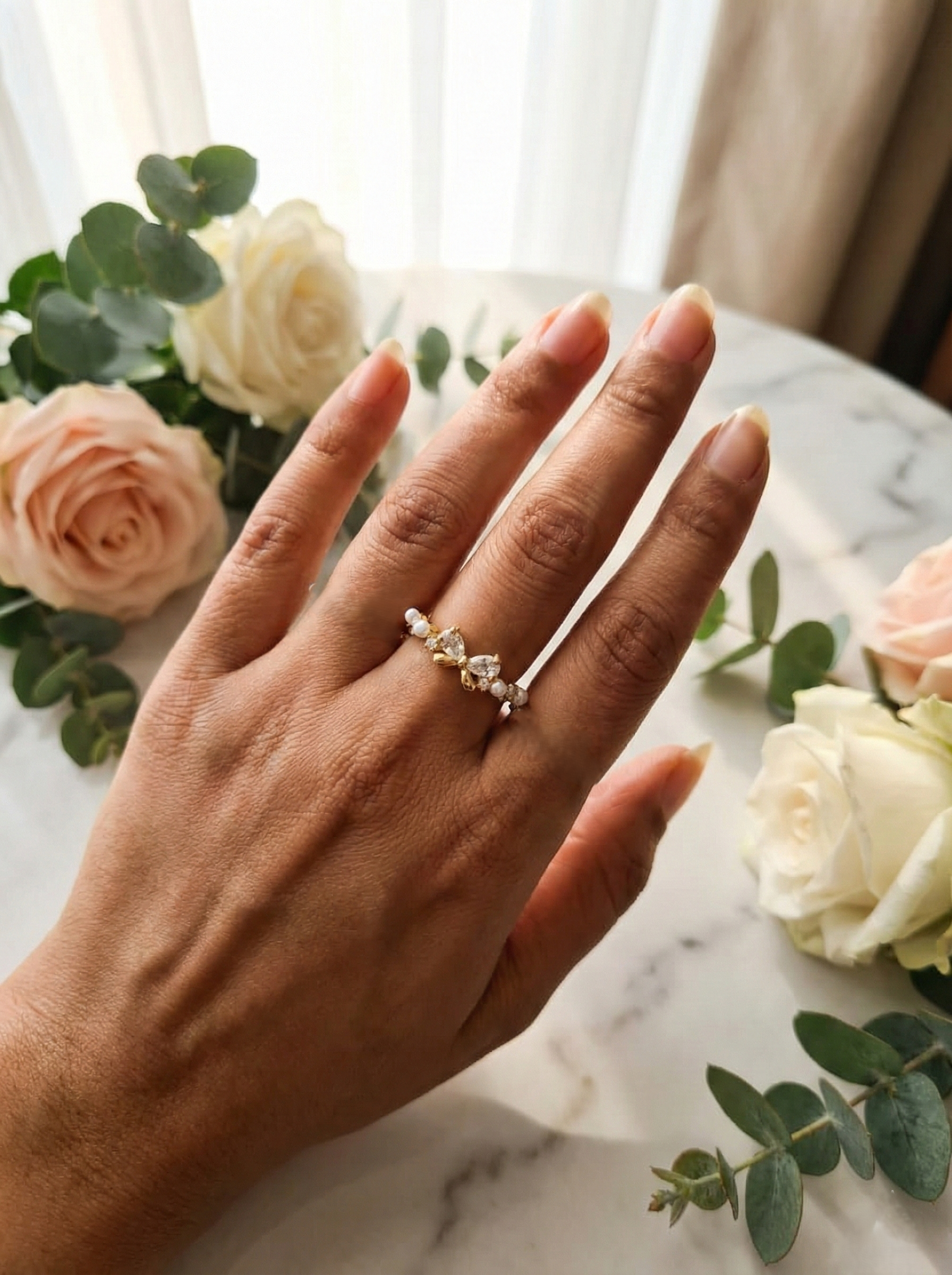 Pearl Bow Marquise Ring