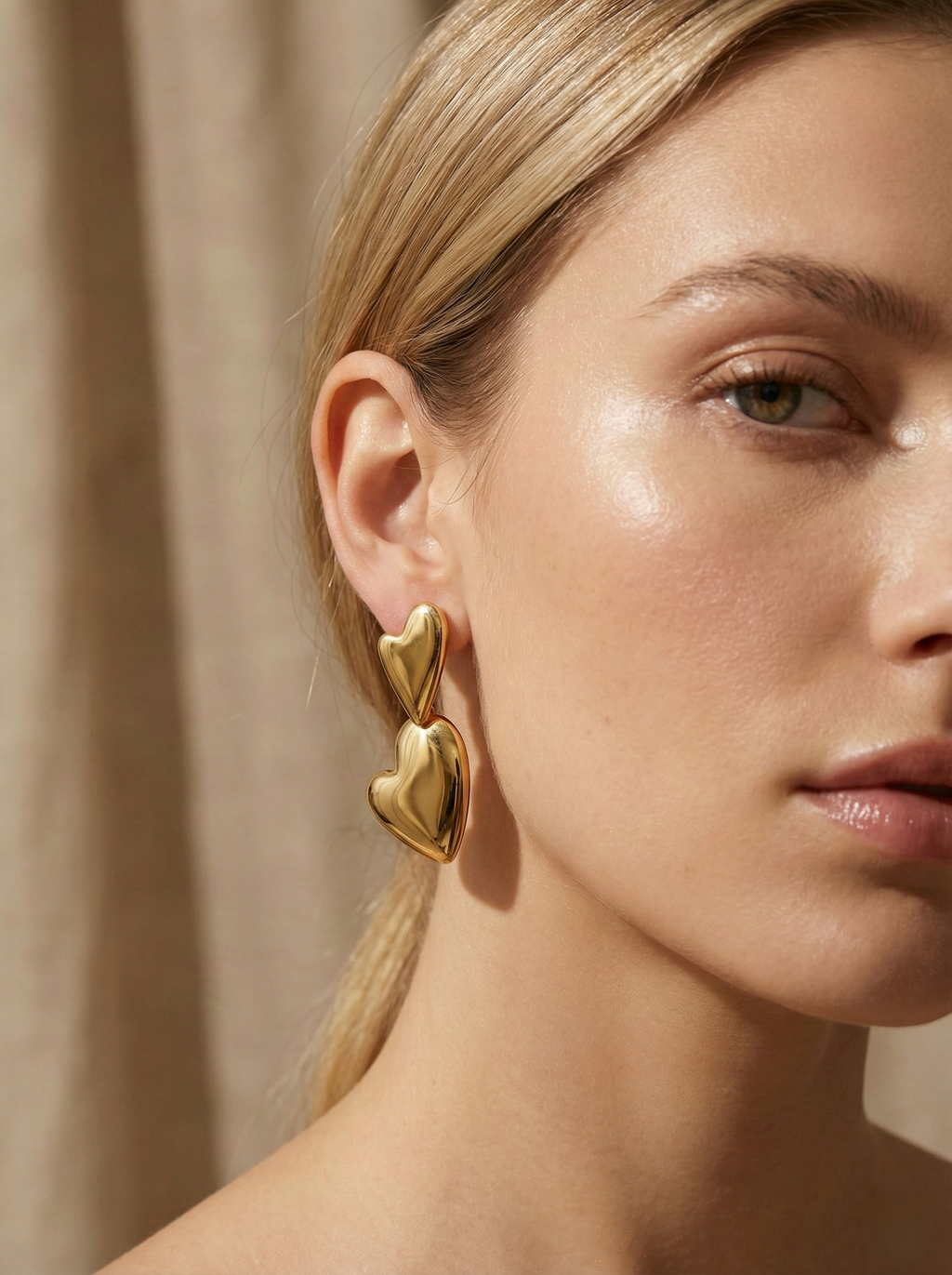 Golden Double Heart Drop Earrings