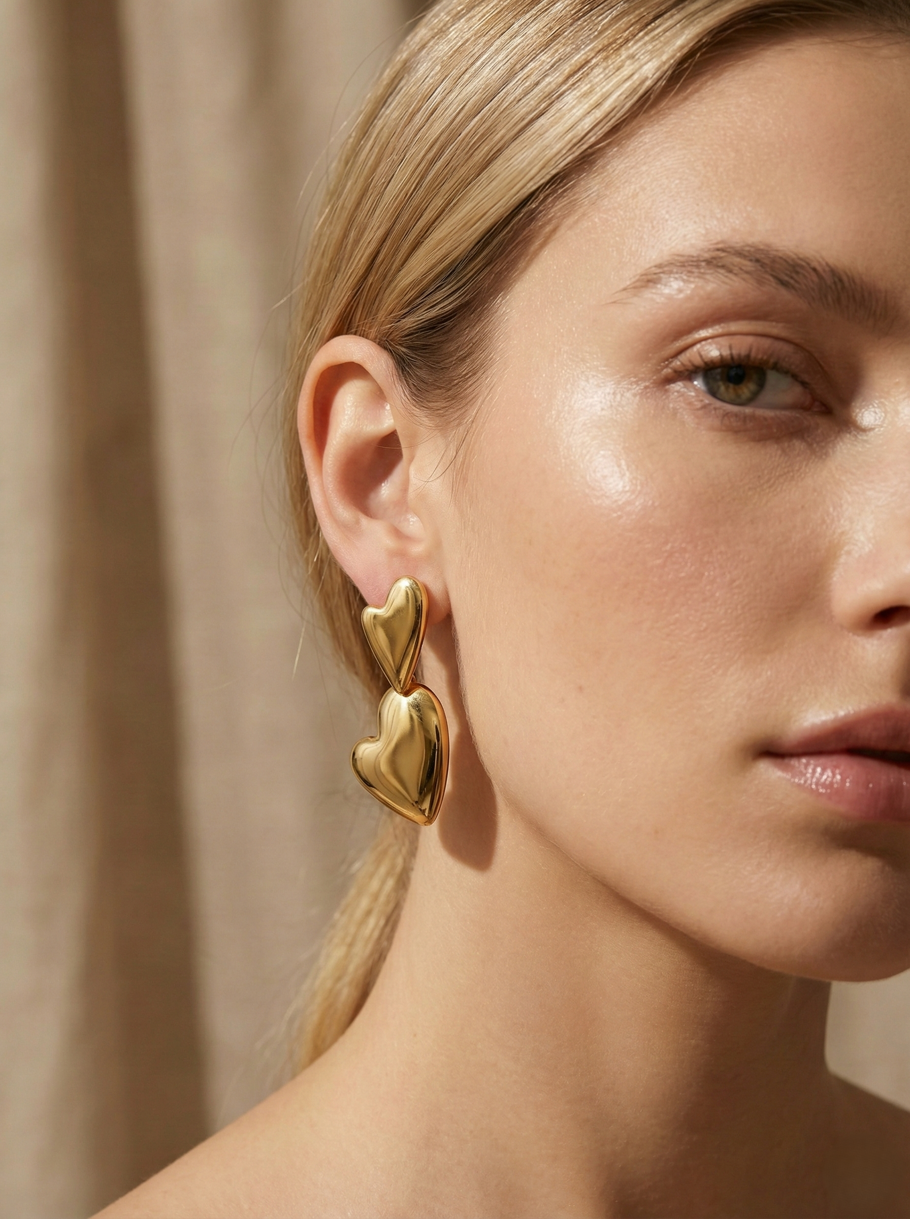 Golden Double Heart Drop Earrings