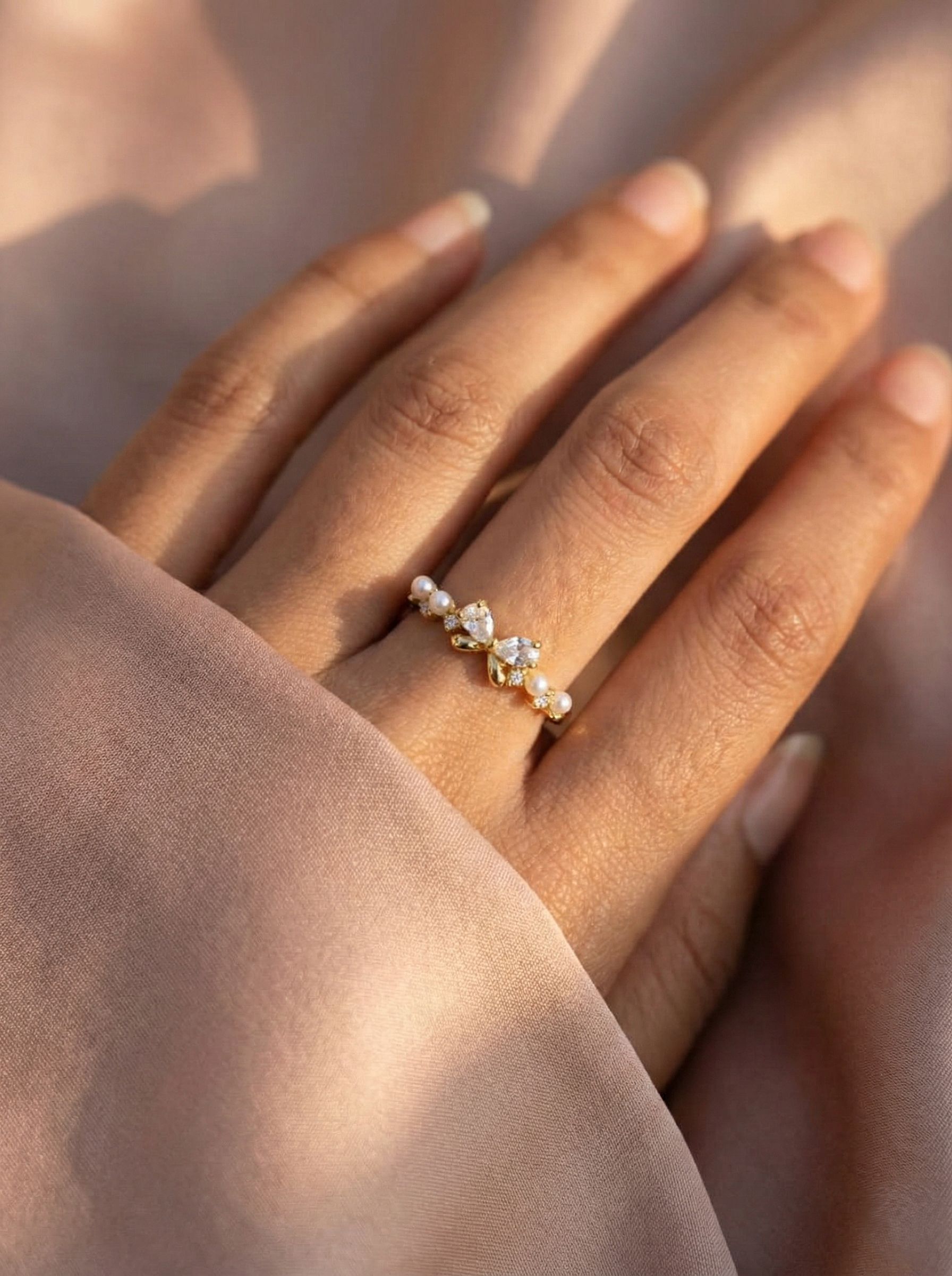 Pearl Bow Marquise Ring