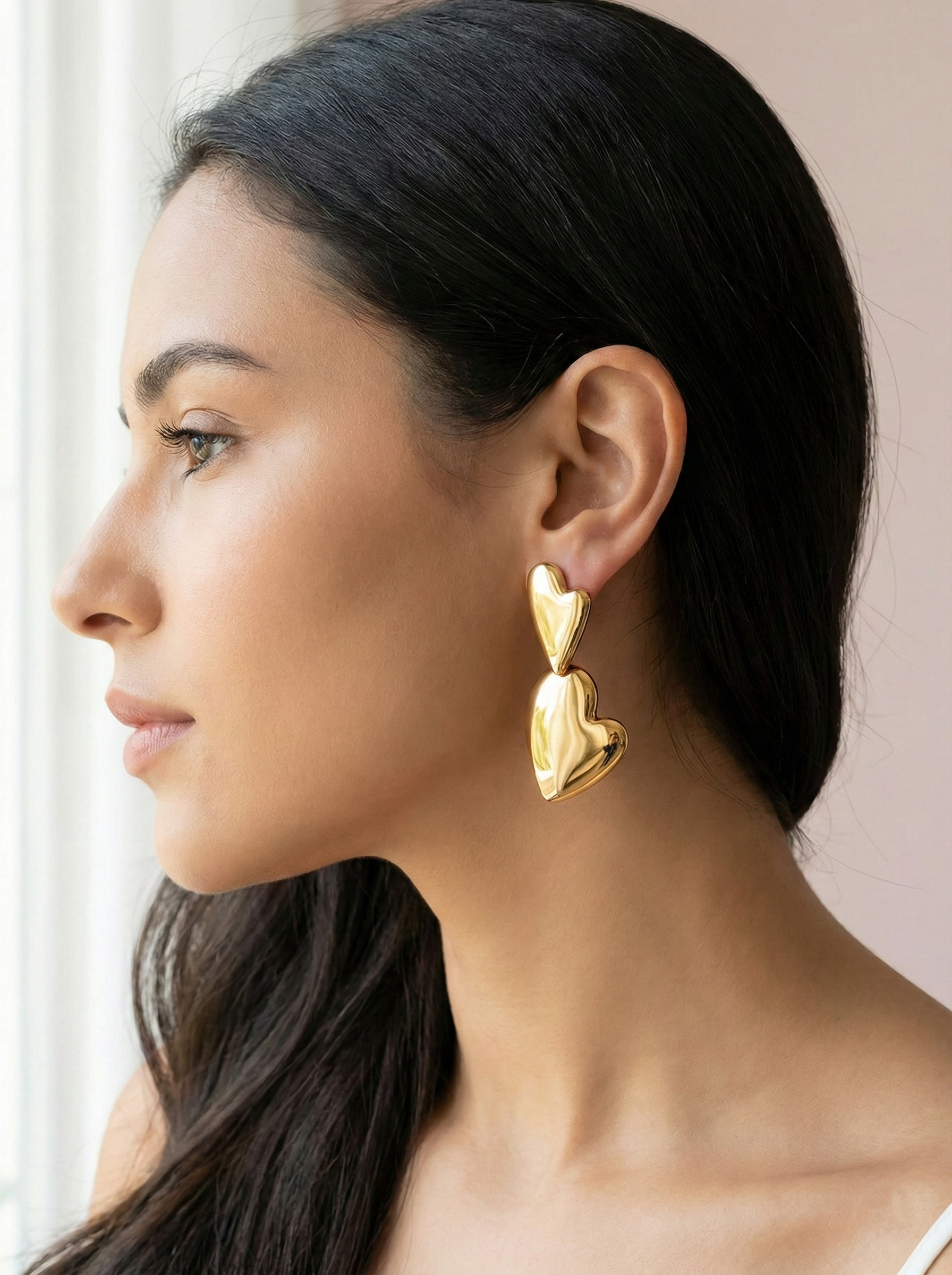 Golden Double Heart Drop Earrings