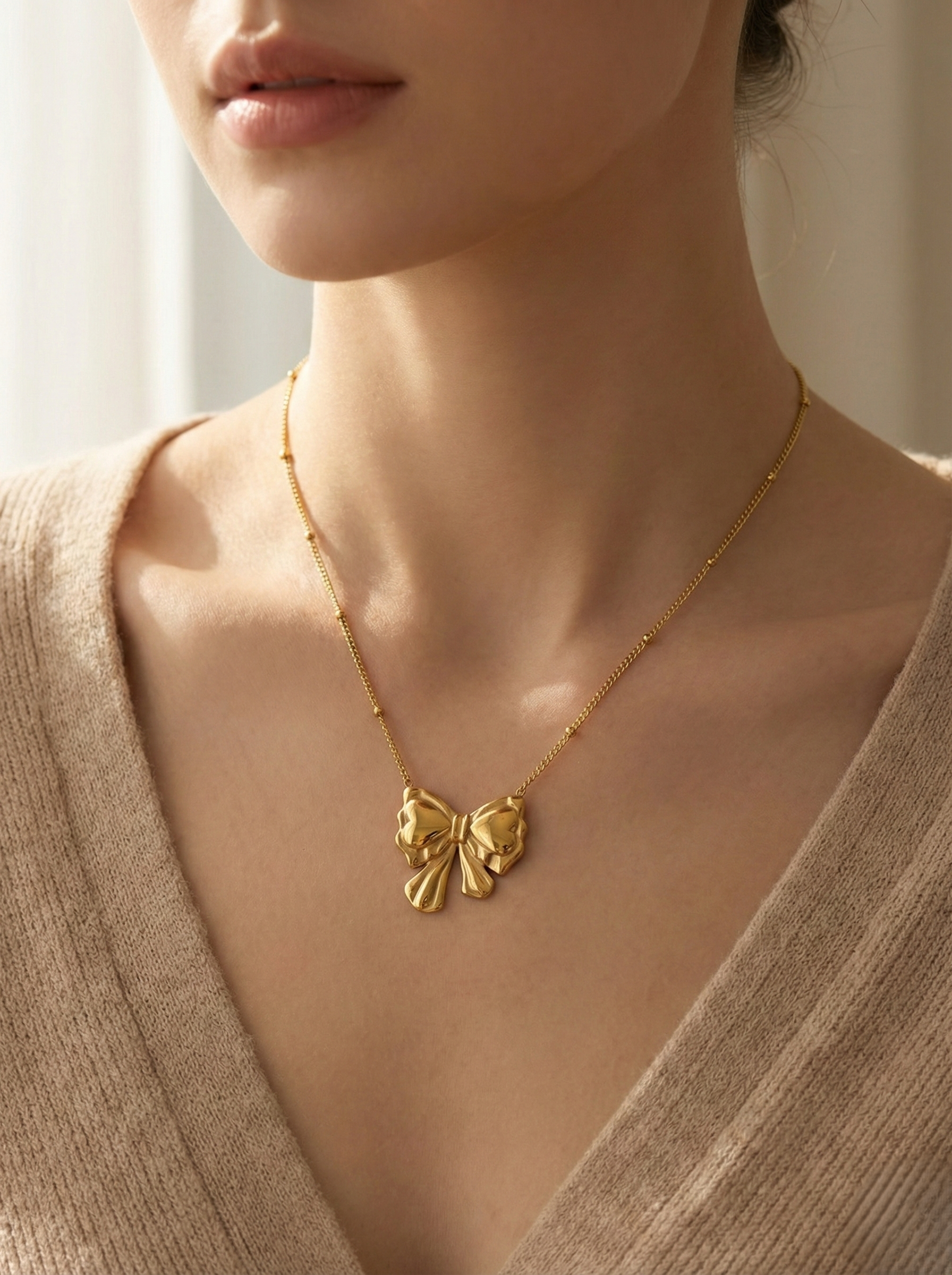 Ribbon Charm Gold Necklace