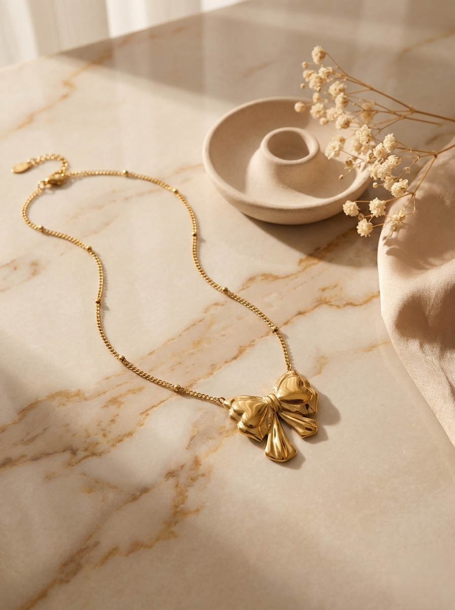 Ribbon Charm Gold Necklace