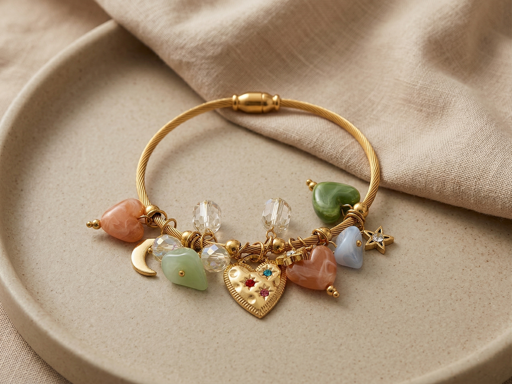 Sweetheart Crystal Charm Bangle Bracelet (free size)