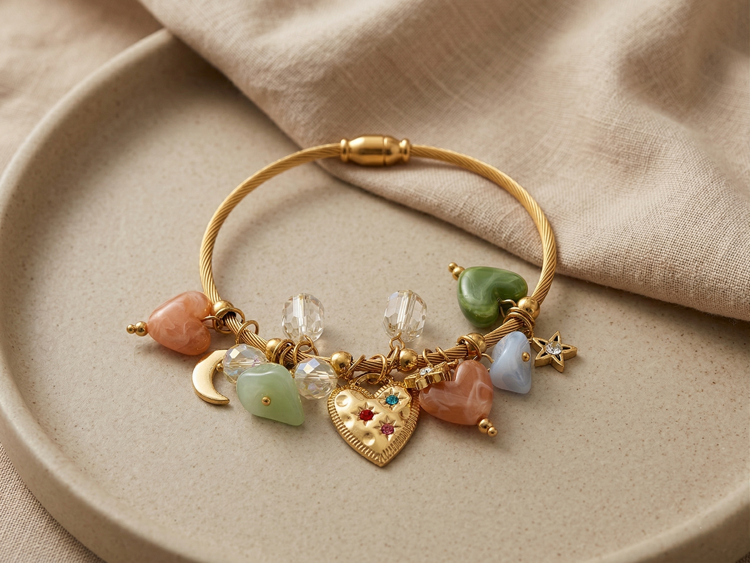 Sweetheart Crystal Charm Bangle Bracelet (free size)