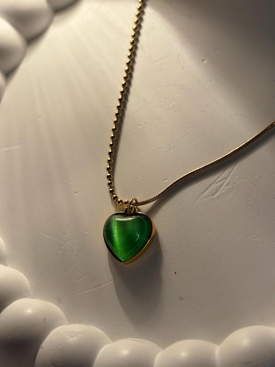 Green Cat Eye Heart Necklace
