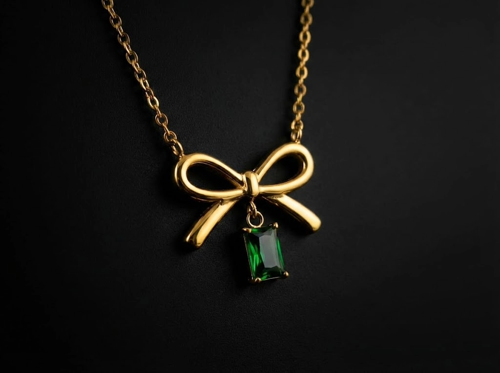 Emerald Bow Charm Necklace