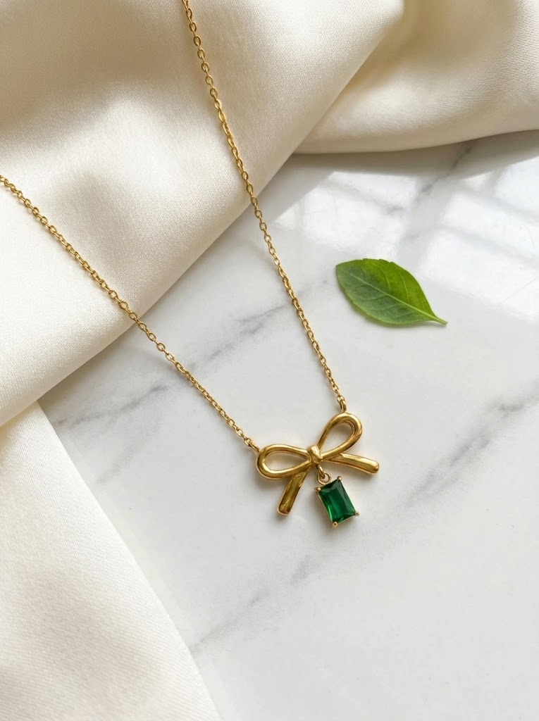 Emerald Bow Charm Necklace