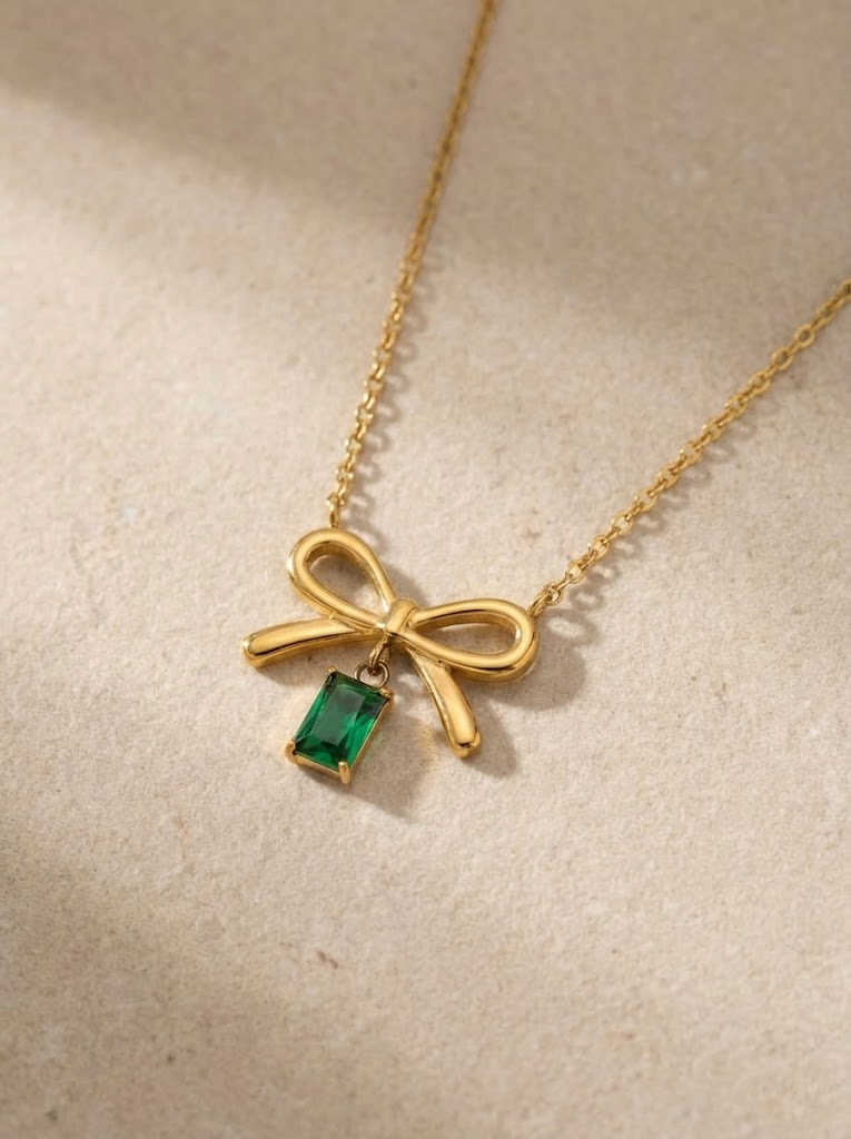 Emerald Bow Charm Necklace