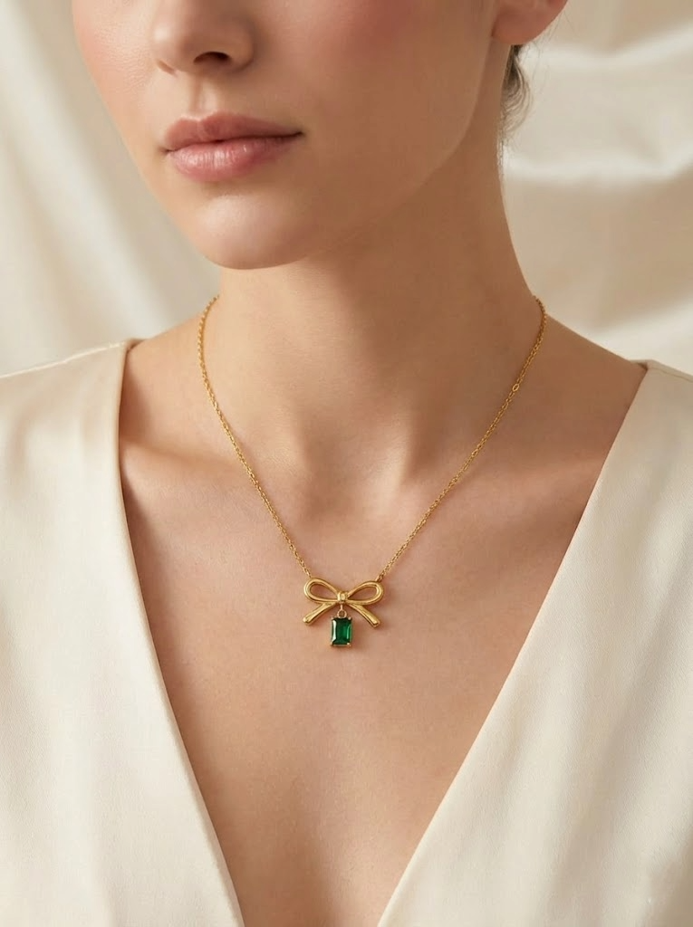 Emerald Bow Charm Necklace